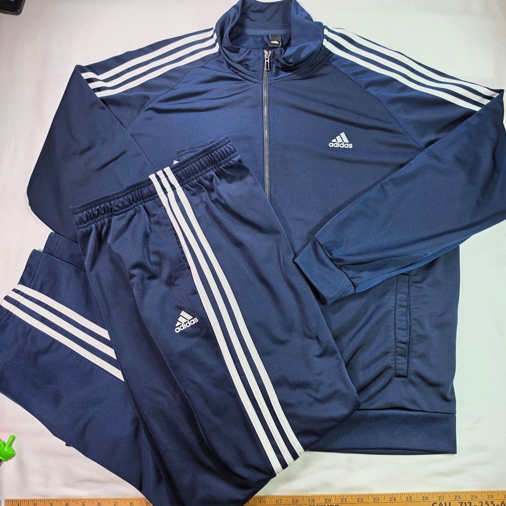 Adidas Tracksuit Mens 2XL Blue 3 Stripe Full Zip Track Jacket Pants Set Athletic